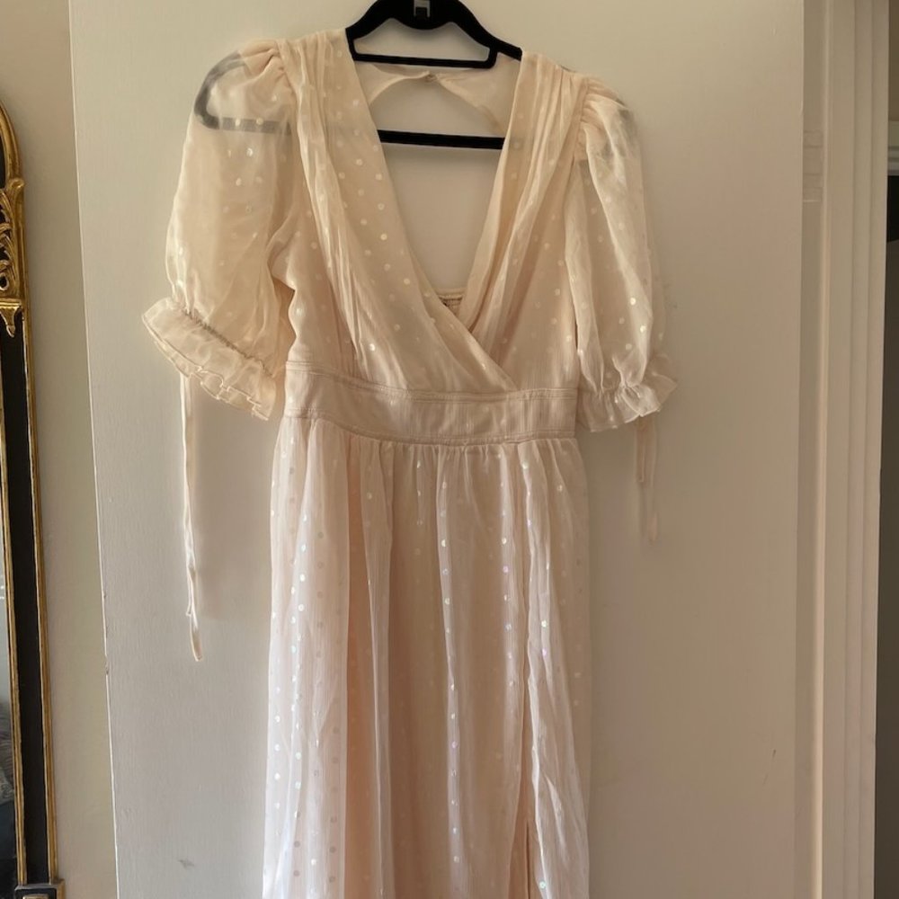 Little Mistress floor length dress, size 14, ivory w dots, puff sleeves
